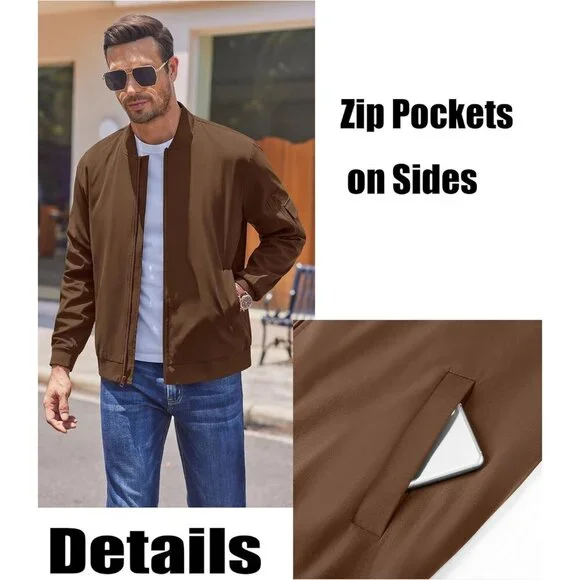 Men's Bomber Jackets Coat Brown Fabric Designs Winter Warm Casual Zip Up Pocket